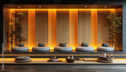 Minimalist zen room with wooden wall. Perfect for showcasing spa products or tranquility.
