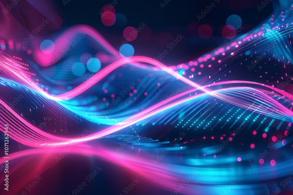 Abstract futuristic background featuring pink and blue glowing neon wave lines moving at high speed with bokeh lights, illustrating data transfer concept Abstract futuristic background featuring pink and blue glowing neon wave lines moving at high speed with bokeh lights, illustrating data transfer concept