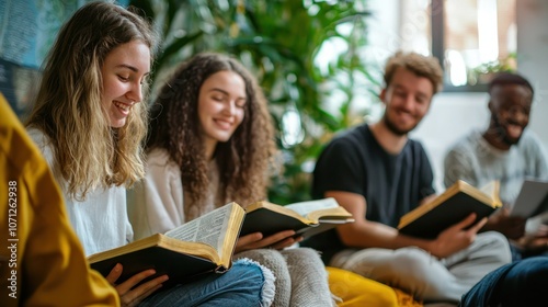 Young adults seated on cushions in a cozy space, reading and discussing Bible verses with enthusiasm and joy