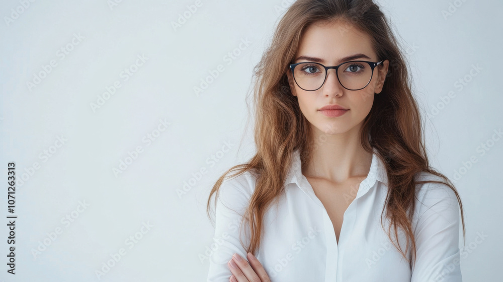 confident young woman with long hair and glasses poses against light background, exuding professionalism and poise. Her expression reflects determination and focus confident young woman with long hair and glasses poses against light background, exuding professionalism and poise. Her expression reflects determination and focus