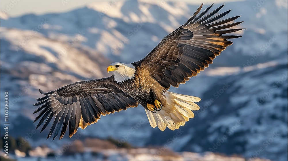 Bald eagle in flight with snowy mountain backdrop. Bald eagle in flight with snowy mountain backdrop.