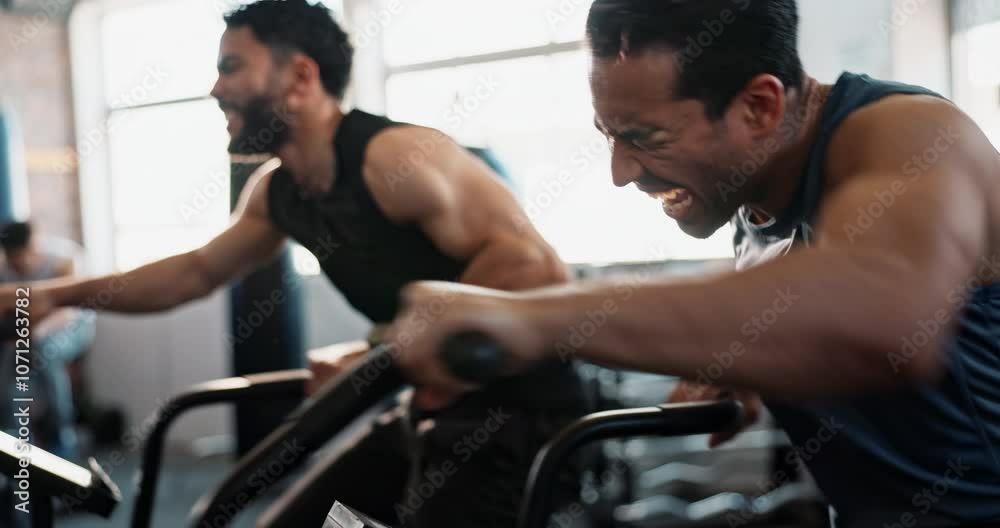 Men, high five and exercise bike at gym for cycling, fitness and happy for progress, strong and partnership. People, friends and machine for training, workout and cardio with laugh, speed or wellness Men, high five and exercise bike at gym for cycling, fitness and happy for progress, strong and partnership. People, friends and machine for training, workout and cardio with laugh, speed or wellness