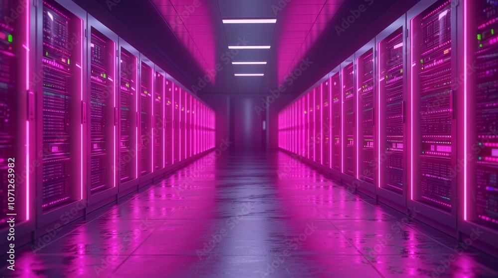 A hallway in a data center of the future illuminated with vibrant neon pink lights A hallway in a data center of the future illuminated with vibrant neon pink lights