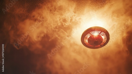 A smoke alarm going off, with flashing lights and warning signals amidst a smoky background.