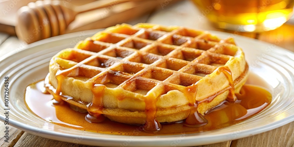 Golden waffle with a sweet drizzle of golden syrup on a white plate Golden waffle with a sweet drizzle of golden syrup on a white plate