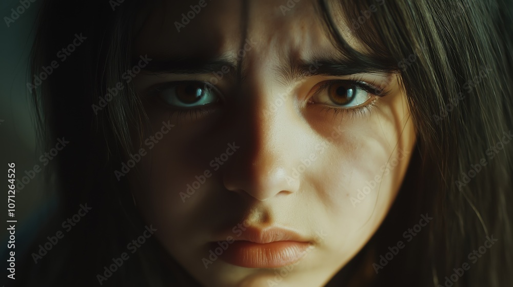 A young girl with captivating green eyes and dark hair displays a serious expression, conveying deep emotions. The focus is on her intense gaze and facial features, highlighting her feelings. A young girl with captivating green eyes and dark hair displays a serious expression, conveying deep emotions. The focus is on her intense gaze and facial features, highlighting her feelings.