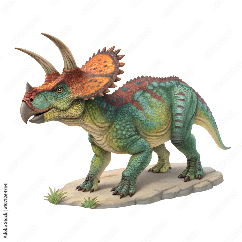 Obraz premium A detailed Lithoceratops (dinosaur) figurine, showcasing vibrant colors and textures, isolated on a transparent background
