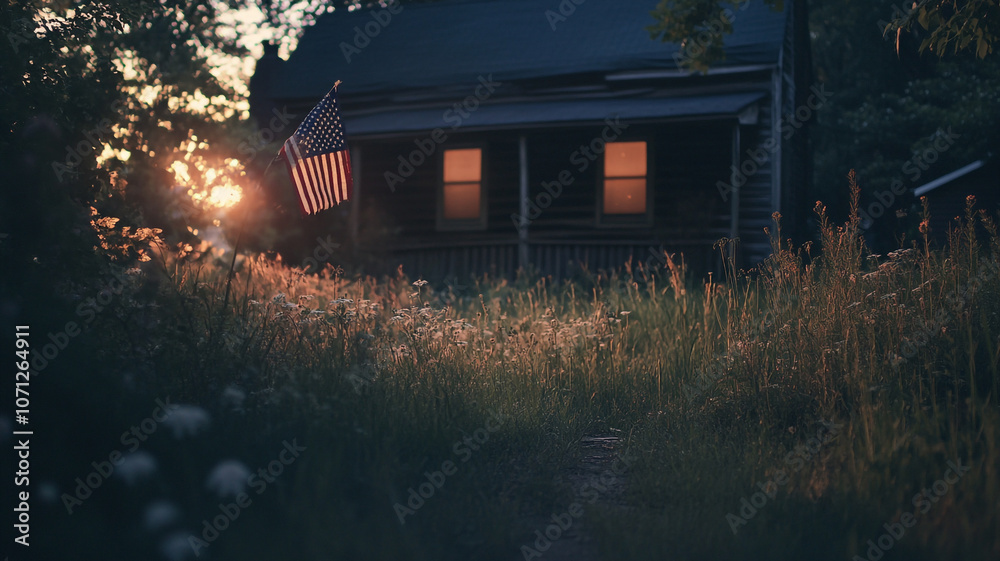 Obraz premium Sunset glow highlights an old house with an American flag on a rural path in the early evening