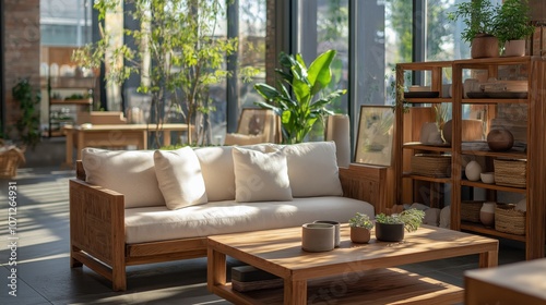 A serene living area showcases a comfortable sofa adorned with decorative cushions. A rustic wooden coffee table holds a simple bowl, while greenery adds a fresh touch to the space.