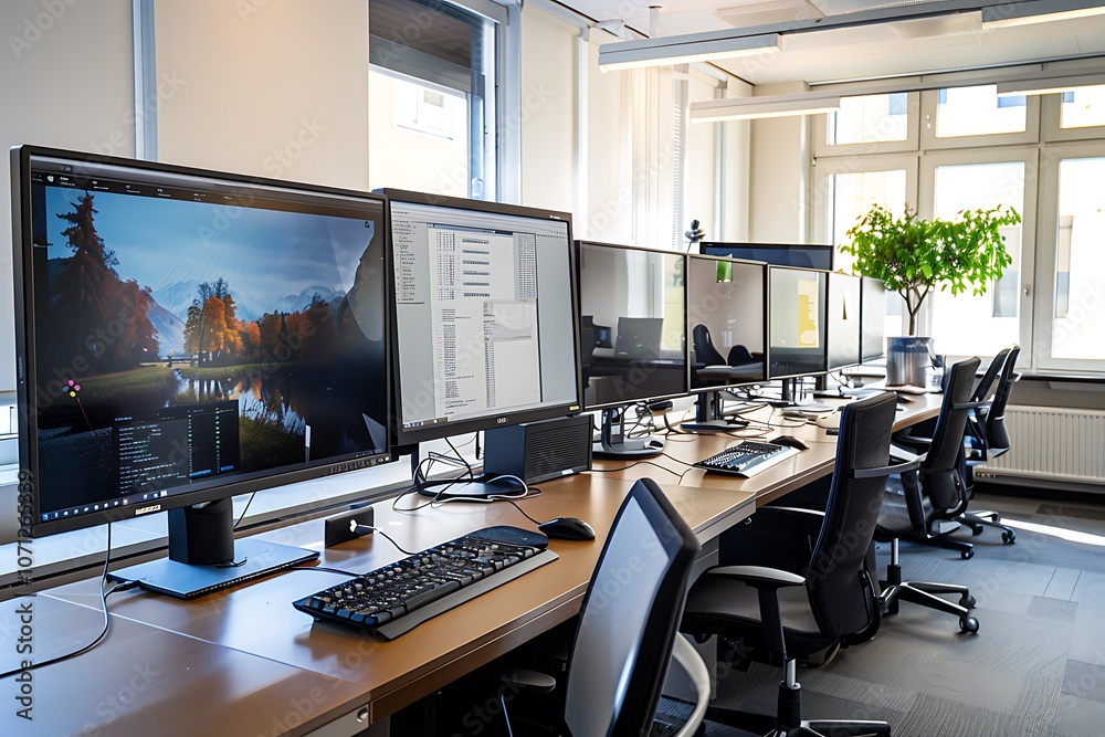 Modern office interior with a lot of computer and equipment Modern office interior with a lot of computer and equipment