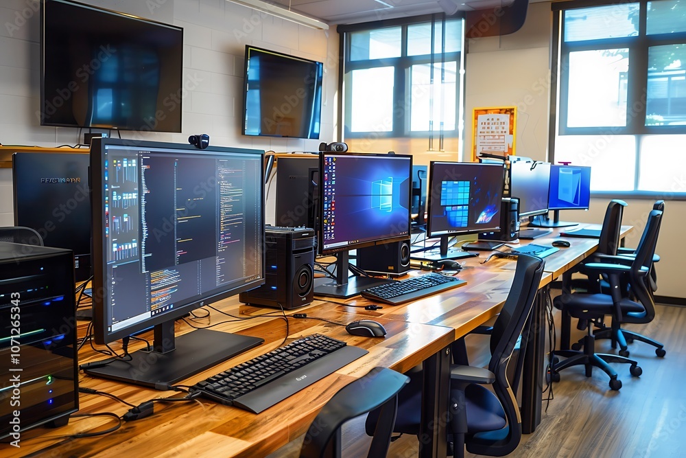Modern office interior with a lot of computer and equipment Modern office interior with a lot of computer and equipment