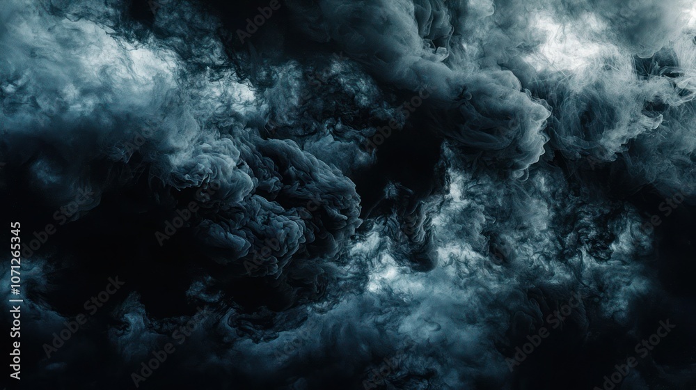 Dense black smoke swirling in a threatening cloud, filling the atmosphere. Dense black smoke swirling in a threatening cloud, filling the atmosphere.