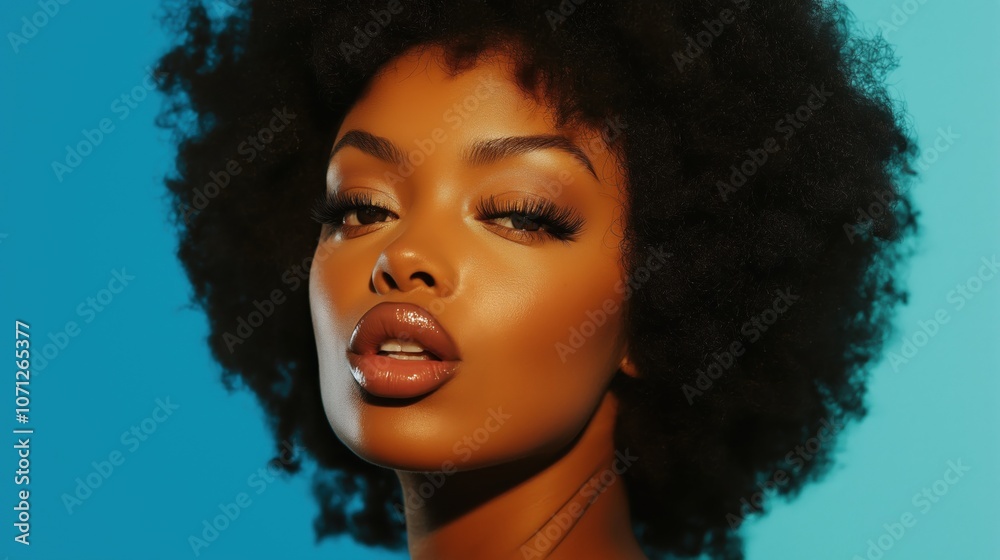 Bathed in soft blue light, a woman with a striking afro exudes confidence. Her expression, playful yet intense, captivates the observer in this beautiful moment of self-expression. Bathed in soft blue light, a woman with a striking afro exudes confidence. Her expression, playful yet intense, captivates the observer in this beautiful moment of self-expression.