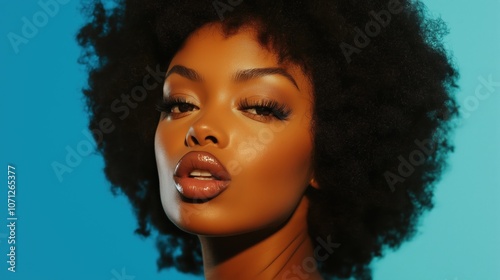 Bathed in soft blue light, a woman with a striking afro exudes confidence. Her expression, playful yet intense, captivates the observer in this beautiful moment of self-expression.