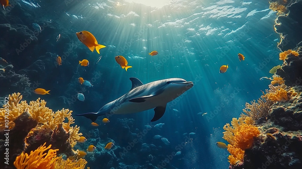 Fototapeta premium wide-angle lens, A school of fish swimming in the deep blue ocean, with colorful tropical fish and a dolphin at different depths. generative ai