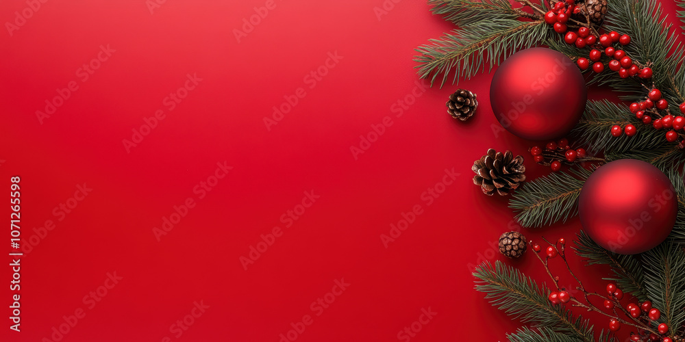 Festive Holiday Background with Red Ornaments and Pine Cones on Red Festive Holiday Background with Red Ornaments and Pine Cones on Red