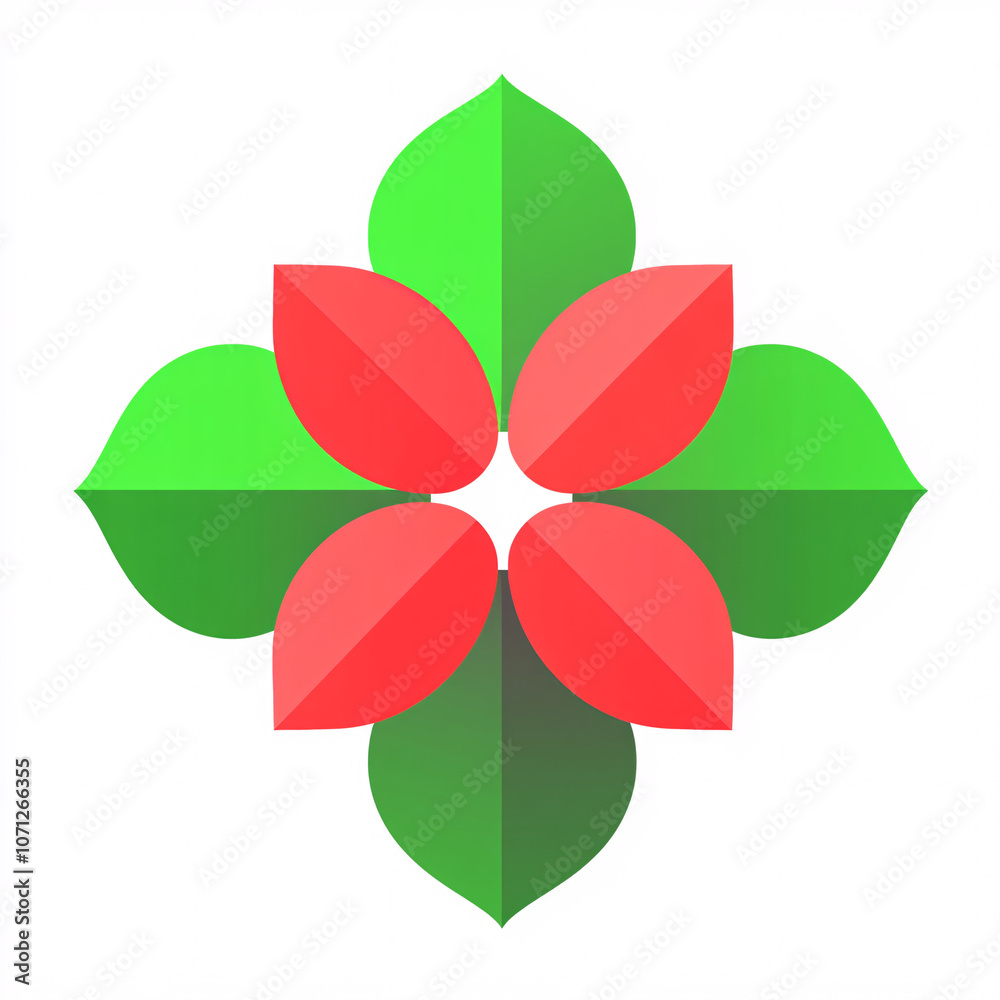 A stylized design featuring red petals and green leaves arranged in a flower-like shape, symbolizing nature and growth. A stylized design featuring red petals and green leaves arranged in a flower-like shape, symbolizing nature and growth.