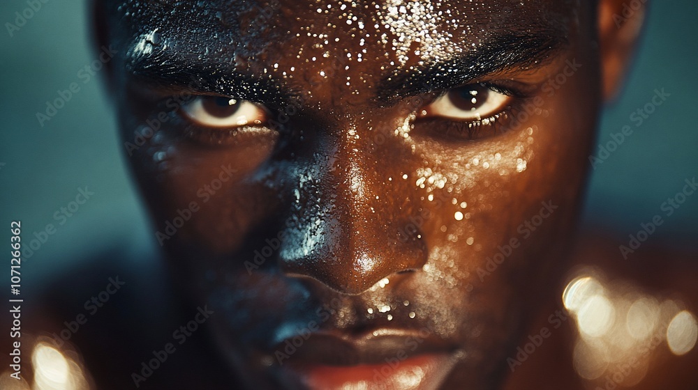 Closeup portrait of a sweaty athlete with intense focus. Closeup portrait of a sweaty athlete with intense focus.