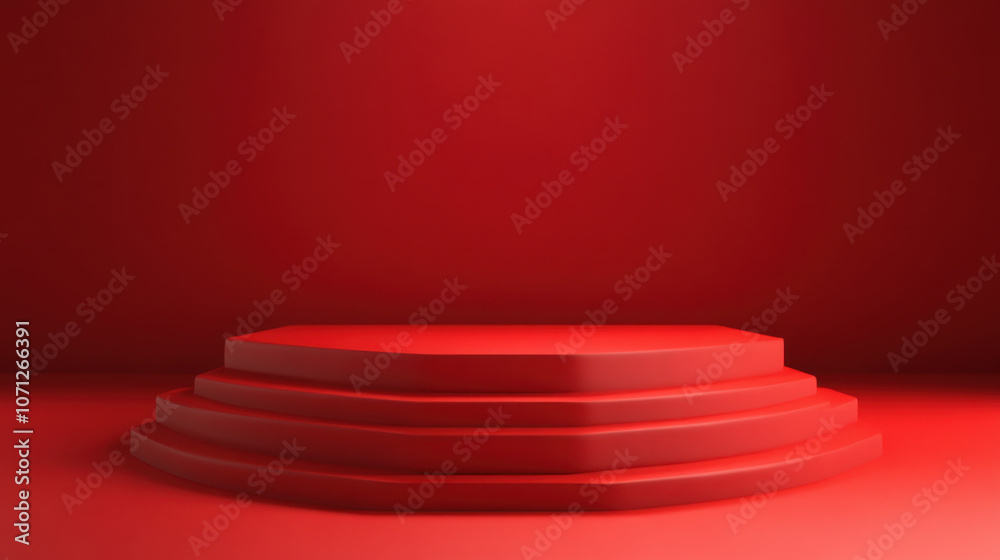 Fototapeta premium vibrant red podium with multiple tiers stands against solid red background, creating striking visual effect. This setup is perfect for presentations or displays