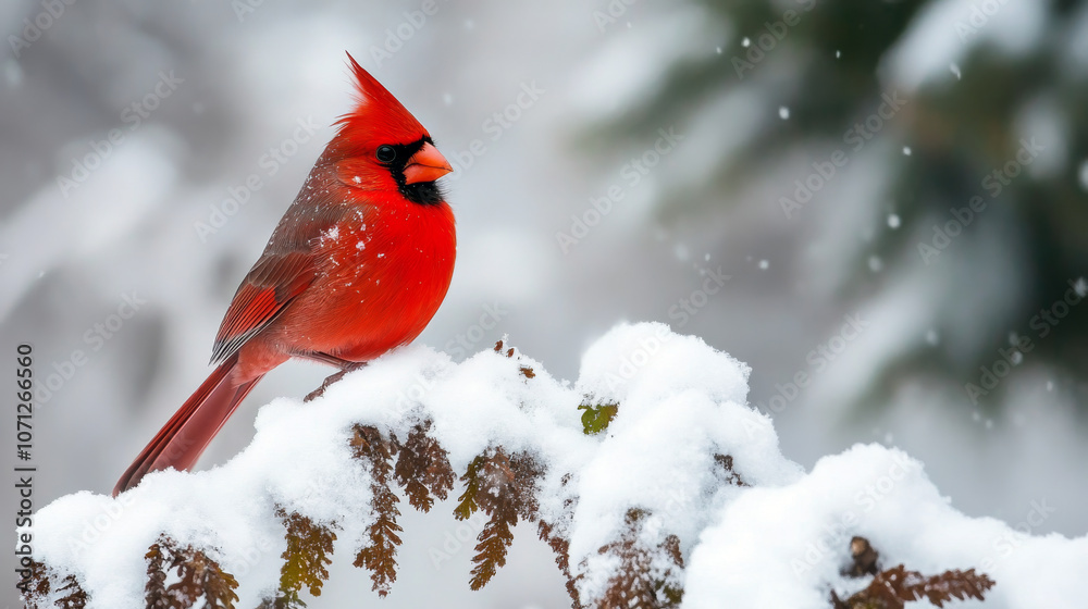 Vibrant Red Cardinal Perched on a Snow-Covered Branch in Winter