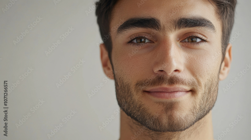 Naklejka premium confident young man with warm smile and expressive eyes, exuding trust and approachability. His well groomed appearance and friendly demeanor create positive impression
