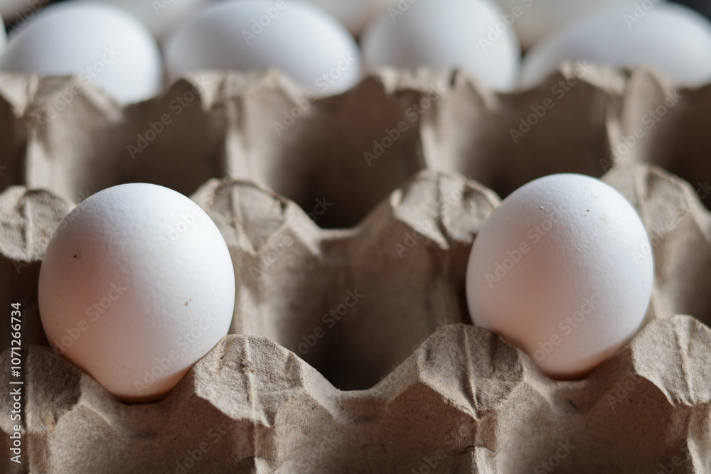 Una toma de cerca de varios huevos fresco de gallina para comer colocado en un cartón Una toma de cerca de varios huevos fresco de gallina para comer colocado en un cartón