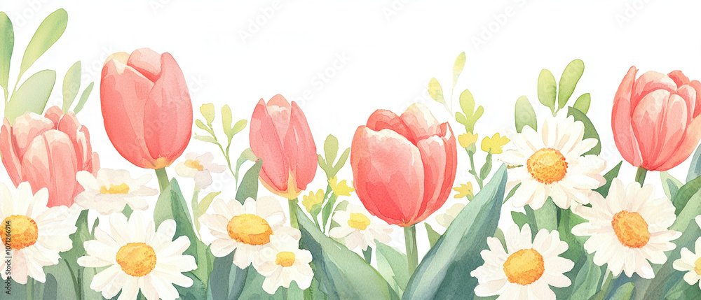 A serene watercolor illustration featuring vibrant pink tulips and cheerful daisies amidst lush green leaves. A serene watercolor illustration featuring vibrant pink tulips and cheerful daisies amidst lush green leaves.