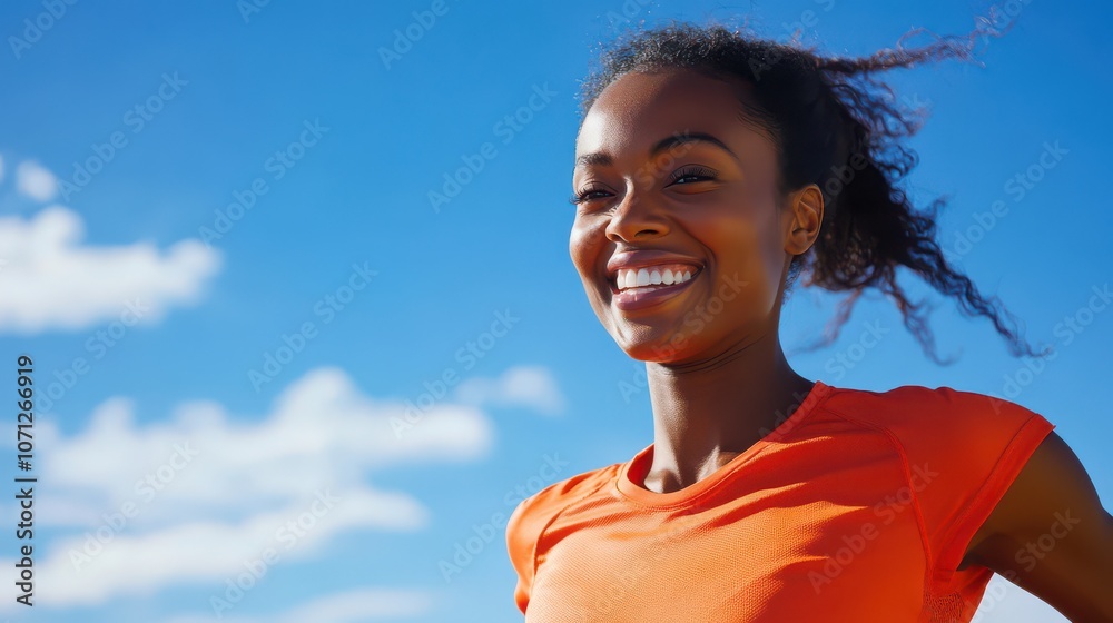 Joyful Woman Smiling Outdoors in Bright Orange Shirt Joyful Woman Smiling Outdoors in Bright Orange Shirt