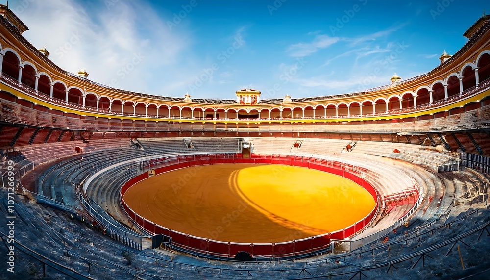 Fototapeta premium Empty round bullfight arena in Spain. Spanish bullring for traditional performance of bullfighting