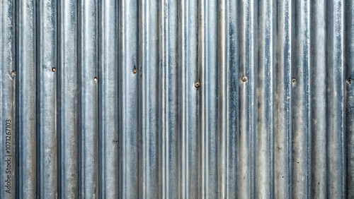 A weathered corrugated metal surface with a subtle blue-grey hue and a pattern of parallel ridges, punctuated by scattered fasteners. photo