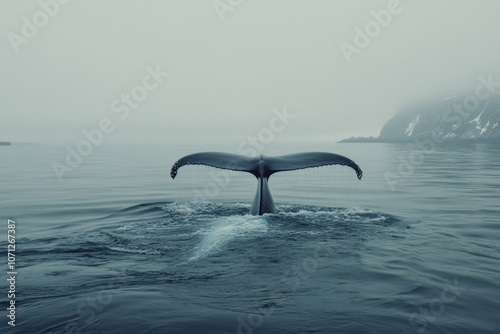 Whale tail visible over calm sea, creating serene atmosphere. misty backdrop enhances tranquil beauty of this marine scene, evoking sense of wonder and peace