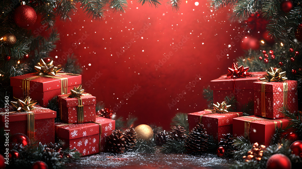 Christmas-Themed Red Background with Gift Boxes and Garland Decorations, Ideal for Celebrating the Holiday Season, Gifting, and Festive Spirit
Christmas-Themed Red Background with Gift Boxes and Garland Decorations, Ideal for Celebrating the Holiday Season, Gifting, and Festive Spirit