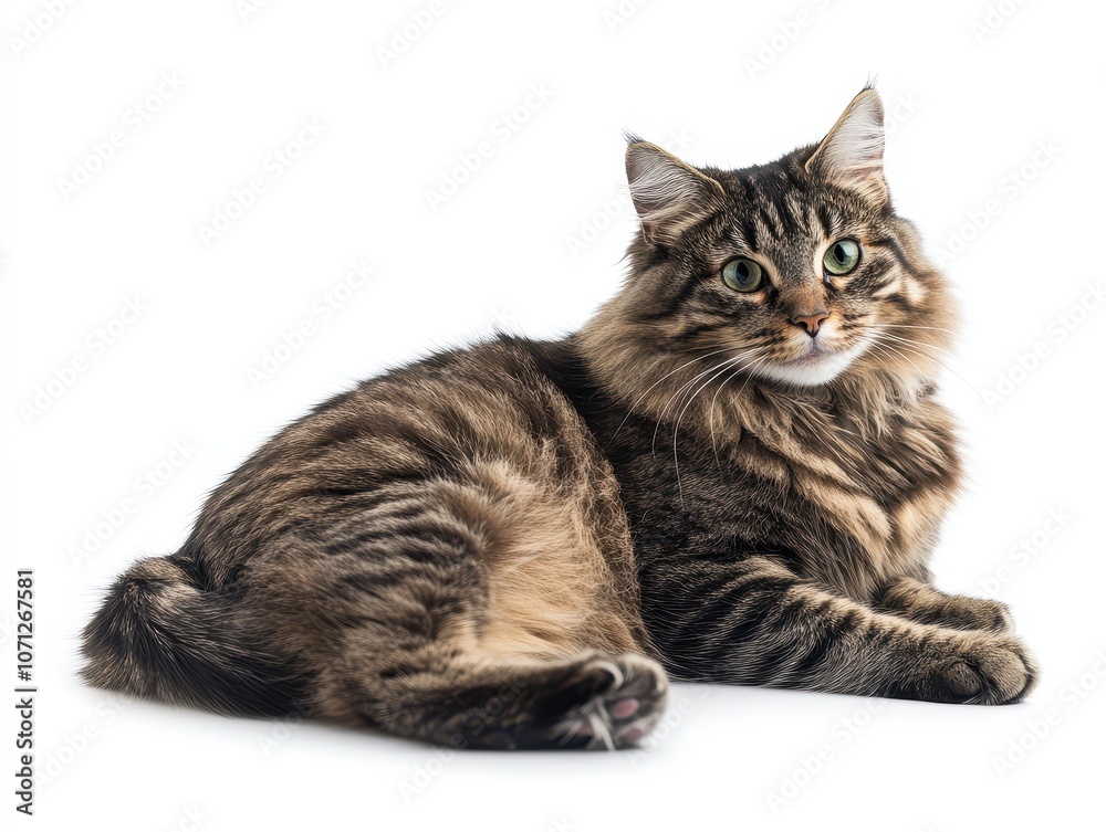Obraz premium Adorable Tabby Cat with Green Eyes Lying Down on a White Background.