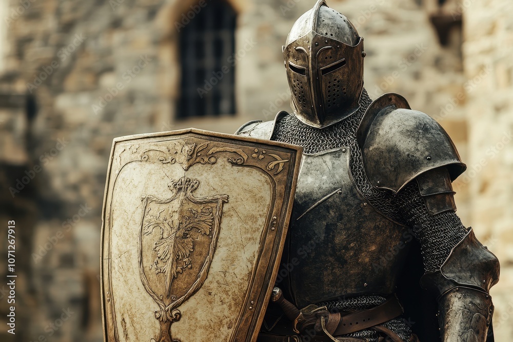 Medieval Knight in Full Armor Holding Shield and Sword, Standing in ...