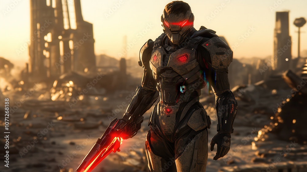Futuristic Soldier in Advanced Armor Standing in a Post-Apocalyptic City at Sunset. Futuristic Soldier in Advanced Armor Standing in a Post-Apocalyptic City at Sunset.