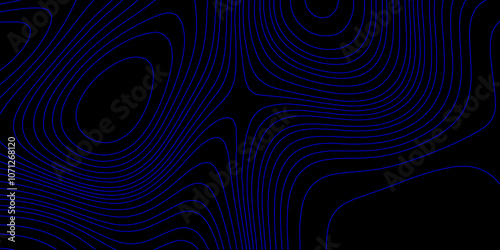 Blue line and black background topographic texture art contours map geographic terrain relief abstract background, blue wave curved reliefs abstract cartography line background vintage outdoors style.
