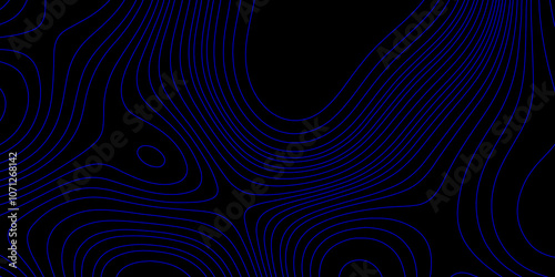 Blue line and black background topographic texture art contours map geographic terrain relief abstract background, blue wave curved reliefs abstract cartography line background vintage outdoors style.