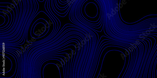 Blue line and black background topographic texture art contours map geographic terrain relief abstract background, blue wave curved reliefs abstract cartography line background vintage outdoors style.