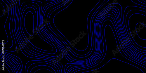 Blue line and black background topographic texture art contours map geographic terrain relief abstract background, blue wave curved reliefs abstract cartography line background vintage outdoors style.