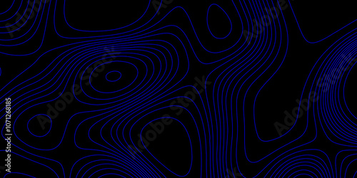 Blue line and black background topographic texture art contours map geographic terrain relief abstract background, blue wave curved reliefs abstract cartography line background vintage outdoors style.