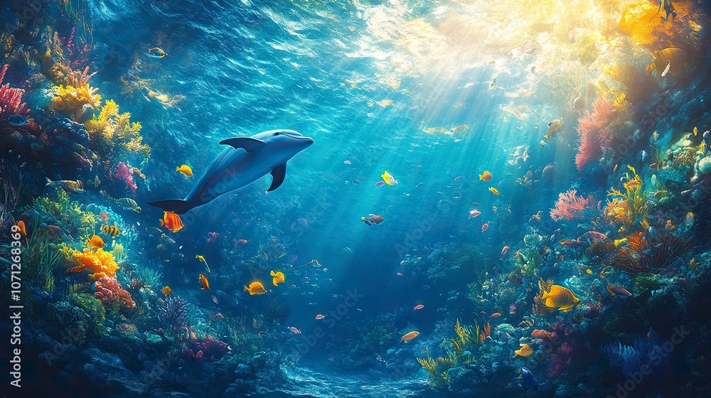 Fototapeta premium wide-angle lens, A school of fish swimming in the deep blue ocean, with colorful tropical fish and a dolphin at different depths. generative ai