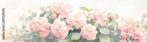 A soft, pastel illustration of blooming pink roses with delicate foliage, creating a serene floral backdrop.