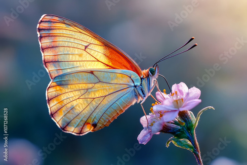 Close-Up of a Colorful Butterfly on a Delicate Pink Flower