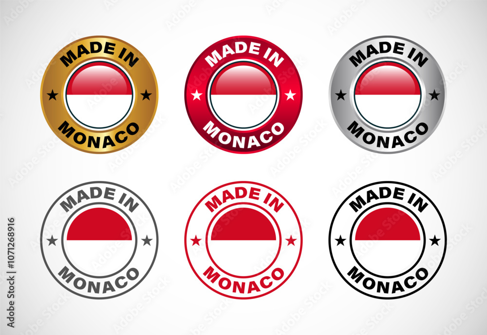 Made in Monaco label icon with flag. Icon set for business, badge, seal, sticker, logo, and symbol Made in Monaco label icon with flag. Icon set for business, badge, seal, sticker, logo, and symbol