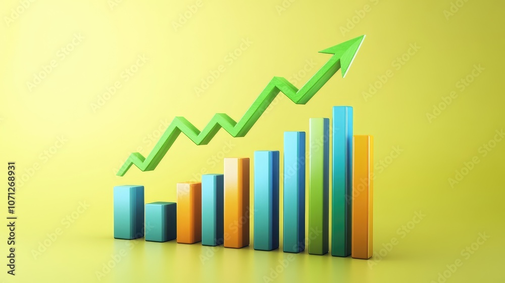 A colorful bar graph with an upward trend arrow, representing growth and data analysis.