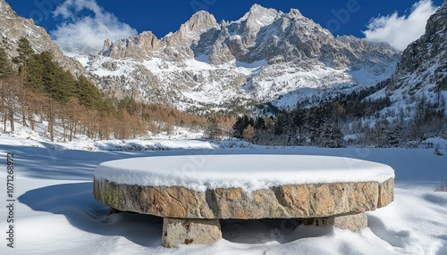 A snowy stone table in a mountain valley. The table is perfect for showcasing wintery goods and services.