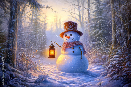 Cheerful Snowman Holding a Lantern in a Snowy Winter Forest