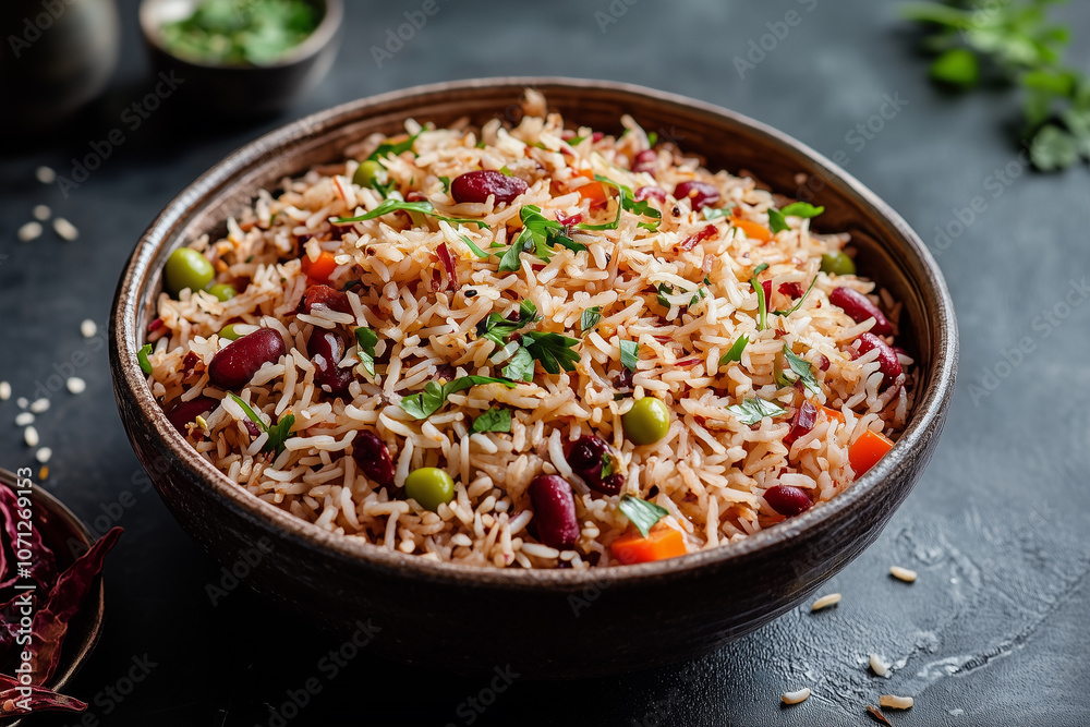 Brown rice with meat and peas in wooden bowl isolated on black background Brown rice with meat and peas in wooden bowl isolated on black background