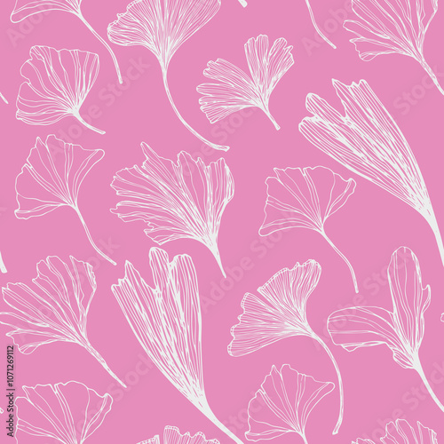 Freehand drawing Leaves of Ginkgo Biloba tree. Modern magenta pink seamless pattern for packaging design, wallpaper, textile. decorative floral ornamental background