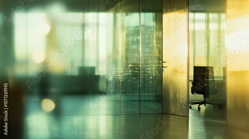 Blurred office interior background with a blurred door and glass wall, blurry bokeh light effect for a business concept design. High-quality photo, taken with a telephoto lens in realistic daylight.